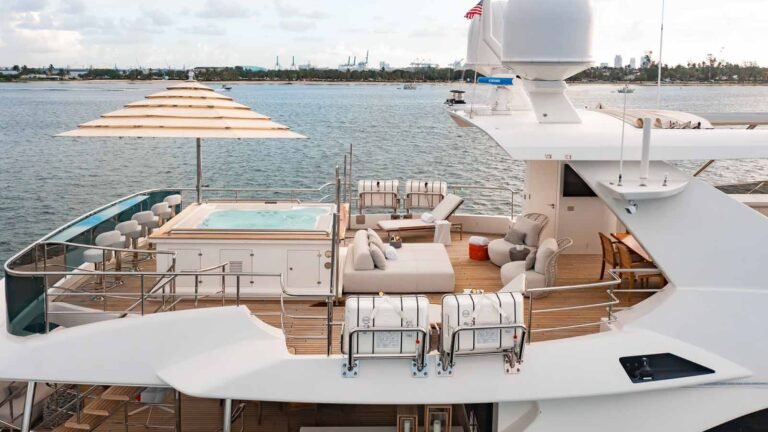 Superyacht sun deck with jacuzzi and umbrella
