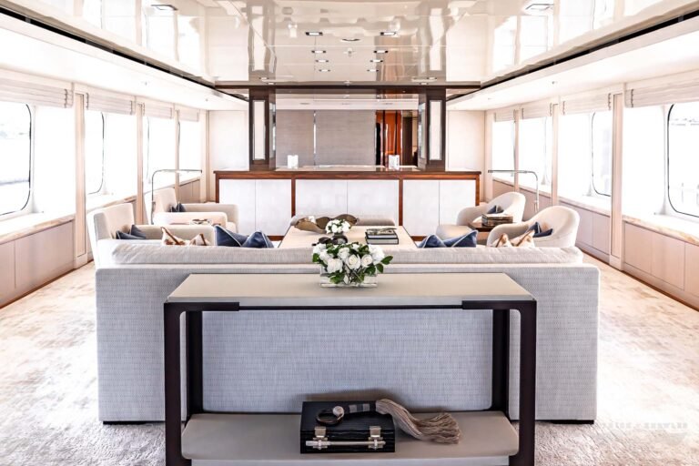 Superyacht main salon in warm neutrals